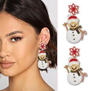 Poinsettia Snowman Festive Christmas Seed Bead Long Statement Earrings